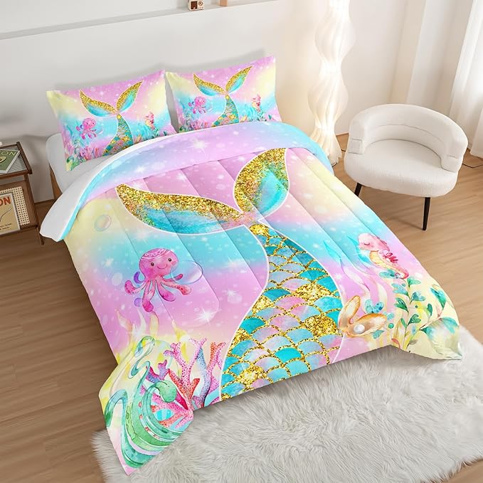 HOSIMA Mermaid Comforter with 2 Pillowcases,Girly Rainbow Bedding Set Mermaid Tail Comforter,Glitter Gold Fish Scales Queen Comforter Set,Cute Sea Animal Octopus Seahorse Comforter for Kids Teens.