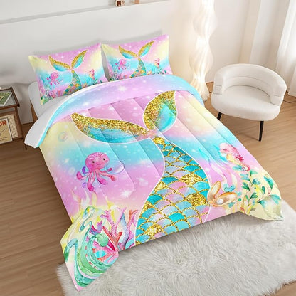 HOSIMA Mermaid Comforter with 2 Pillowcases,Girly Rainbow Bedding Set Mermaid Tail Comforter,Glitter Gold Fish Scales Full Size Bed in a Bag Set,Cute Sea Animal Octopus Seahorse Comforter.