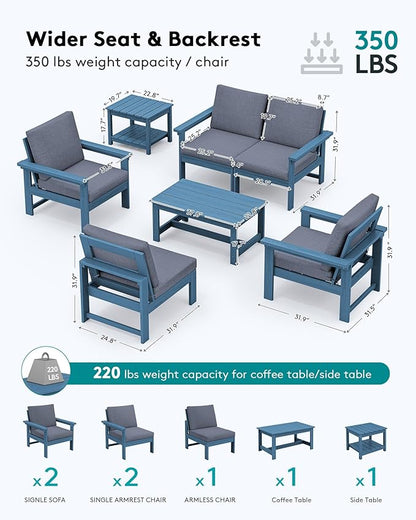 SERWALL HDPE Patio Coversation Set, 7-piece Outdoor Sectional Sofa Set, All Weather Patio Couch Set Patio Furniture for Balcony, Deck, Navy Frame with Grey Cushion