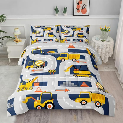 Axolotl Cartoon Excavator Bedding Set Twin,Tractor Truck Bedding Set,Boys Construction Bedding Set,Yellow Vehicles Truck Comforter Construction Site Decor for Kids Boys Teens,1 Quilt 2 Pillowcases