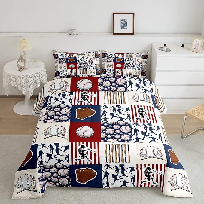 Erosebridal Kids Baseball Full Comforter Set for Boys,Teen Baseball Athlete Bedding Set Room Decor Sports Theme Bed Comforter Sets Baseball Bat Gloves Quilt Duvet with 2 Pillow Cases Red Navy Blue