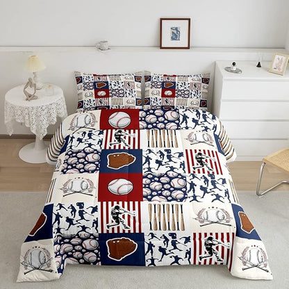Erosebridal Kids Baseball Full Comforter Set for Boys,Teen Baseball Athlete Bedding Set Room Decor Sports Theme Bed Comforter Sets Baseball Bat Gloves Quilt Duvet with 2 Pillow Cases Red Navy Blue