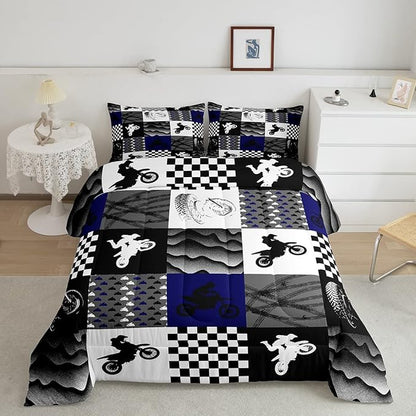 Dirt Bike Comforter Set, Motocross Rider Bedding Comforter Sets Queen, Motorcycle Grunge Down Comforter For Kids Boys Adult Men, Motorbike Extreme Sport Game Comforter, Buffalo Plaid, Blue Grey Black