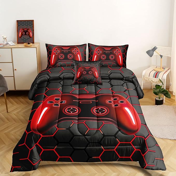 6 Pieces Bed in A Bag Gamer Bedding Set for Boys Kids Adult Gaming Comforters Set,Boys Bed in A Bag Set Full Size Comforter with Fitted Sheet Flat Sheet Pillowcase pillowsham,DJTH5027Full