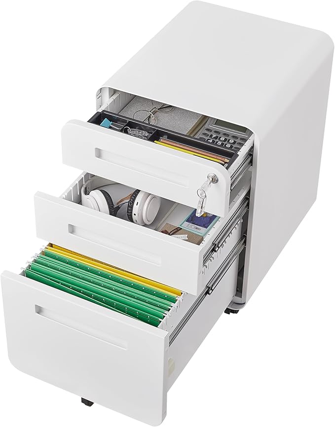 3 Drawer Mobile Desk Office with Lock and Wheels,Versatile Storage Cabinets w/Anti-Tilting Cold Rolled Steel Waterproof Moisture-Proof,for Legal/Letter/A4 Files,White