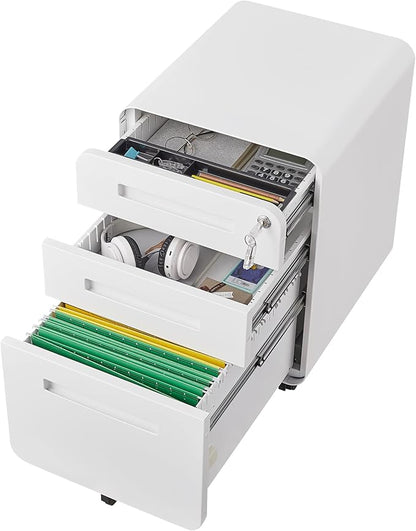 3 Drawer Mobile Desk Office with Lock and Wheels,Versatile Storage Cabinets w/Anti-Tilting Cold Rolled Steel Waterproof Moisture-Proof,for Legal/Letter/A4 Files,White