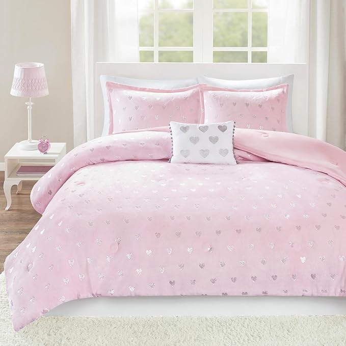 Mi Zone Rosalie Comforter Set for Girls, Ultra-Soft Microlight Plush Metallic Printed Hearts Brushed Reverse Overfilled Down Alternative Hypoallergenic All Season, Twin/Twin XL, Pink/Silver, 3 Piece
