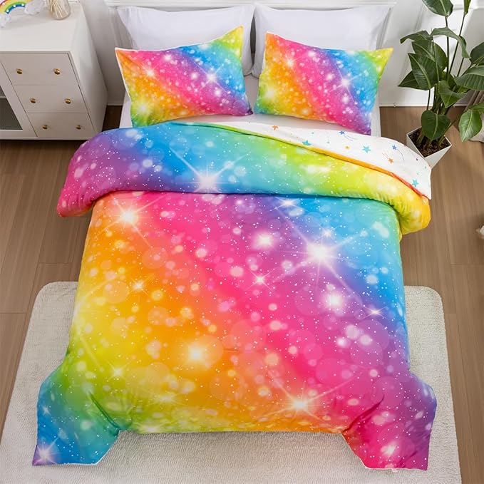 Holawakaka Girls Ombre Glitter Comforter Set, Twin Size Gradient Rainbow Galaxy Print Kids Bedding Sets, Multi-Color Ultra-Soft Dorm Bed Set (Multi-color,Twin)