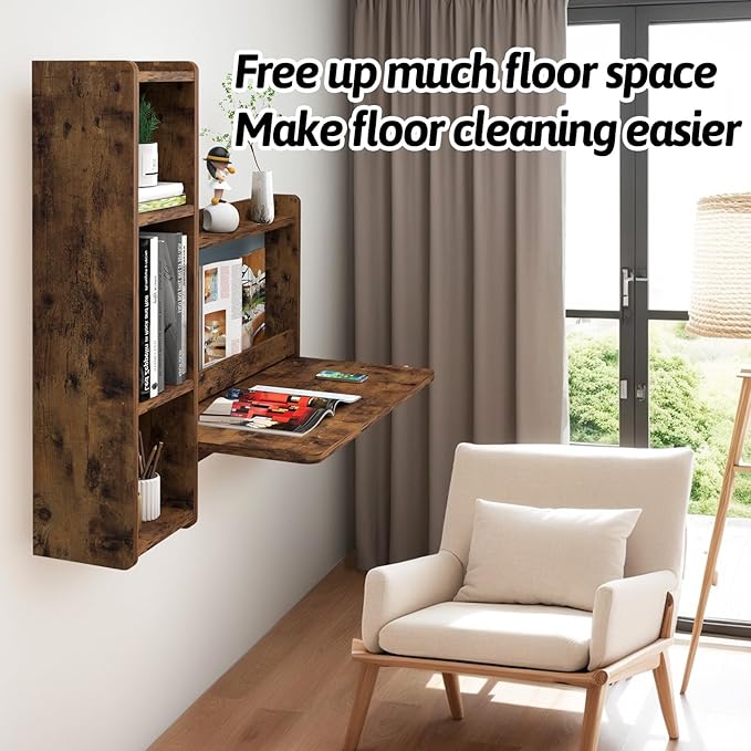 Pmnianhua Farmhouse Floating Desk,41''Wall Mounted Desk,L Shaped Folding Table,Fold Down Laptop Computer Desk with Storage for Wall Bedroom Small Space (Rustic Brown-Left)
