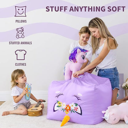 Aubliss Unicorn Stuffed Animal Storage Bean Bag Chair for Kids, Velvet Extra Soft Beanbag Chairs Cover, X-Large Stuffable Zipper Bean Bag for Organizing Plush Toys Girls Bedroom Decor, Purple Floral
