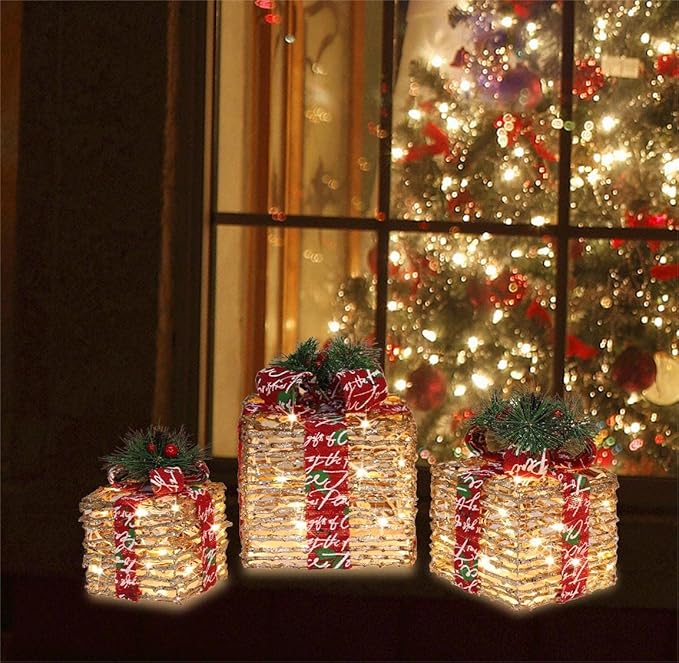 [Large 10"x8.5"x7" Christmas Set of 3 Lighted Rattan Gift Boxes Decorations Pre-lit 70 Super-Bright LED with Flashers,for Indoor Outdoor Pathway Holiday Party Home(Warm White)
