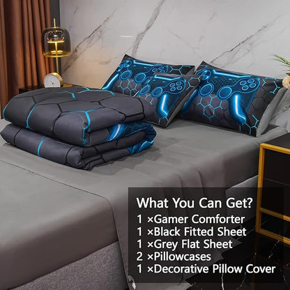 6Pcs Game Console Comforter Set with Sheets for Boys Girls Kids Teens, Geometric Gaming Themed Bed in A Bag Twin Size, Blue 3D Video Gamer Controller Bedroom Decor Bedding Set