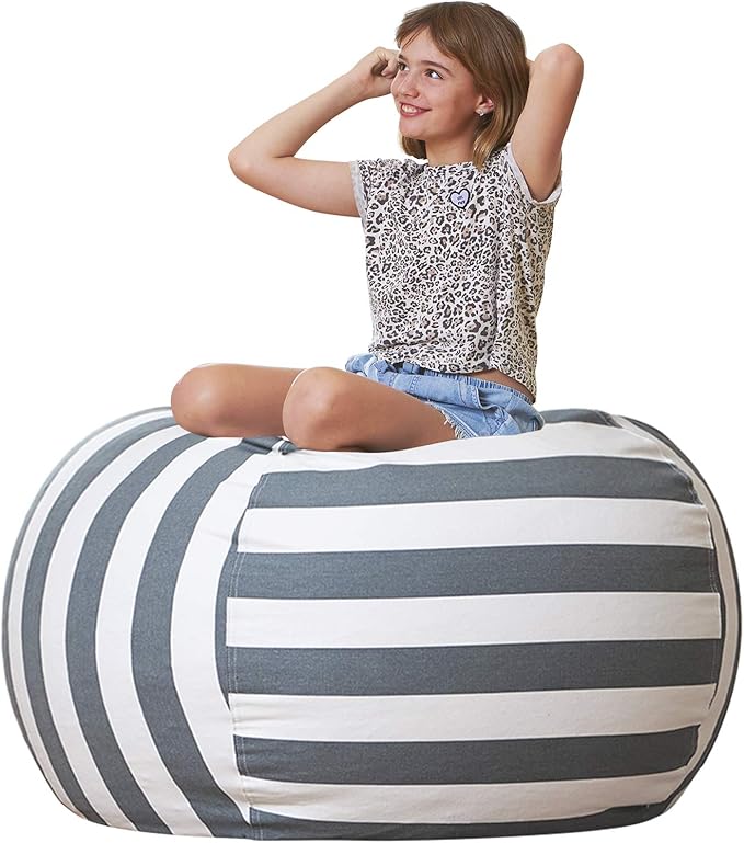 Aubliss Stuffed Animal Storage Bean Bag Chair Cover Only for Plush Toys, Blankets, X-Large 48"-Canvas Stripes Grey