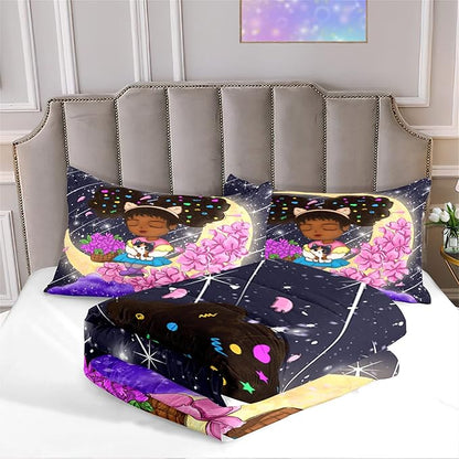 Afro African Girls Comforter Set for Girls Bedroom Teens Black Girls Bedding Sets for Girls Lovely Little African American Girls Comforter with 2 Pillowcases Cute Princess Bedding Set, Queen Size