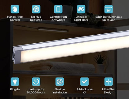 BLACK+DECKER Compatible with Alexa Smart LED Under Cabinet Lighting Kit, Motion Sensor, Dimmable , 3 Color Settings, For Kitchen, Cabinets and Closets, (4) 9" Bars, White, A Device