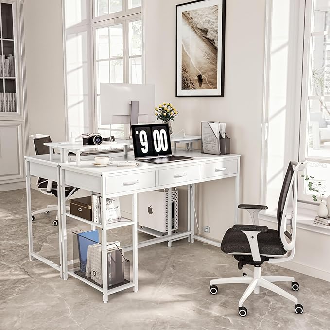 Computer Desk with Drawers and Storage Shelves, Home Office Desk with LED Lights & Power Outlets, Gaming Desk with Monitor Stand, Writing Study Desk, Kids Small Desk for Bedroom, White