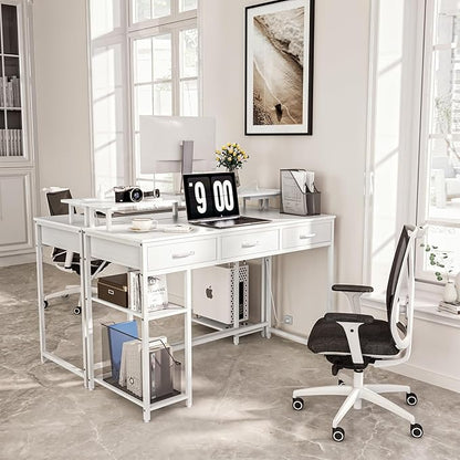 Computer Desk with Drawers and Storage Shelves, Home Office Desk with LED Lights & Power Outlets, Gaming Desk with Monitor Stand, Writing Study Desk, Kids Small Desk for Bedroom, White