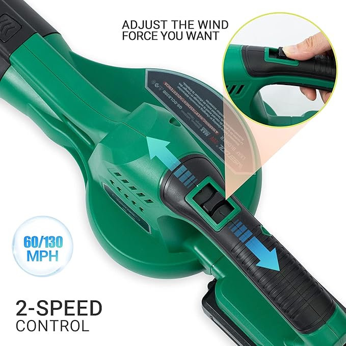 20V Cordless Leaf Blower with Battery and Charger, Leaf Blower Battery Operated, Rechargeable Electric Handheld Leaf Blower Variable Speed with 2 Tubes for Patio, Leaves Blowing-Green