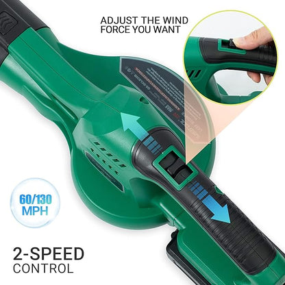 20V Cordless Leaf Blower with Battery and Charger, Leaf Blower Battery Operated, Rechargeable Electric Handheld Leaf Blower Variable Speed with 2 Tubes for Patio, Leaves Blowing-Green