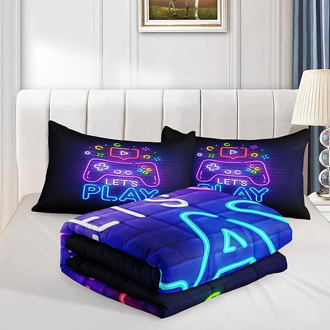 6 PCS Gamer Bedding Sets,Purple Gaming Comforter Set for Boys,Kids Bedding Sets for Boys,Full Size Bedding Sets for Boys,Bed in A Bag with Sheets(Full,Purple Color)