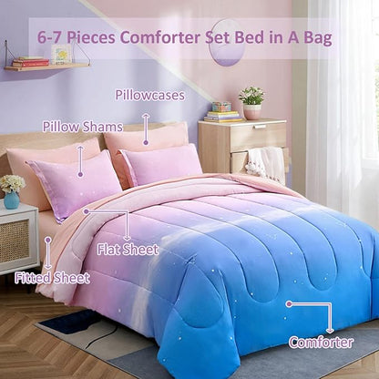 Dinjoy Girls Comforter Set Twin XL Size Colorful Rainbow Ombre Pink Blue Bedding Set Gradient 6 Pieces Bed in A Bag for Kids Teen Girl Women(1 Comforter, 1 Flat Sheet, 1 Fitted Sheet)