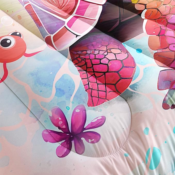 CVHOUSE Kawaii Sea Turtle Comforter Set Full Size,Ocean Theme Bedding Set for Girls Kids,Tie Die Turtle Quilt Set Ocean Turtle Duvet Set Ocean Decor 3 Pieces