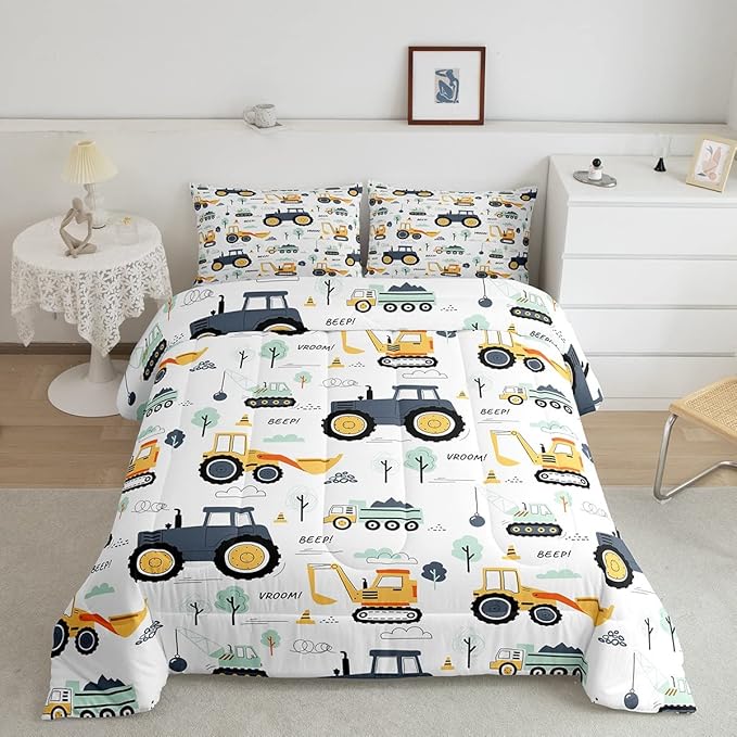 Feelyou Cartoon Cars Kids Comforter Set Tractor Boys Comforter Cute Excavator Decor Kawaii Soft Bedding Set Cartoon Trees Cars Colorful All Season Quilt Room 2Pcs Twin Size Boys