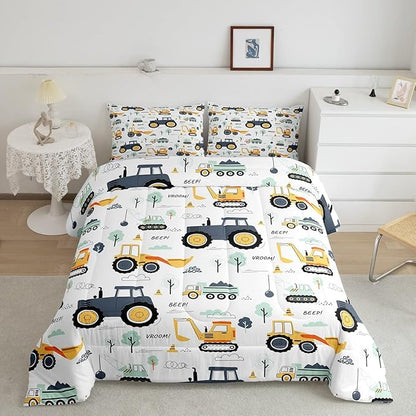 Feelyou Cartoon Cars Kids Comforter Set Tractor Boys Comforter Cute Excavator Decor Kawaii Soft Bedding Set Cartoon Trees Cars Colorful All Season Quilt Room 2Pcs Twin Size Boys