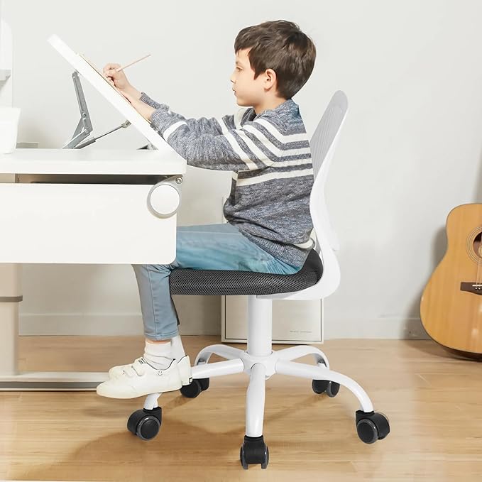 FurnitureR Desk Chair Small Study Chairs Armless for Child Kids Teens, Swivel Rolling Lightweight Task Chair with Wheels and Mesh Padded Cushion, Black/Grey