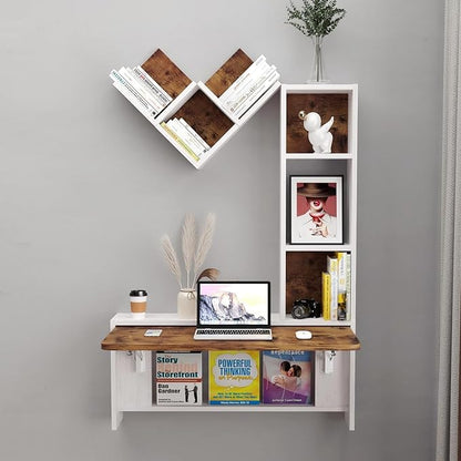 Folding Wall Mounted Drop Leaf Table, Foldable Desk with Moveable Cabinets, Floating Laptop with Convertible Storage Shelves, Multifunctional Computer Workstation in Home for Space Saving