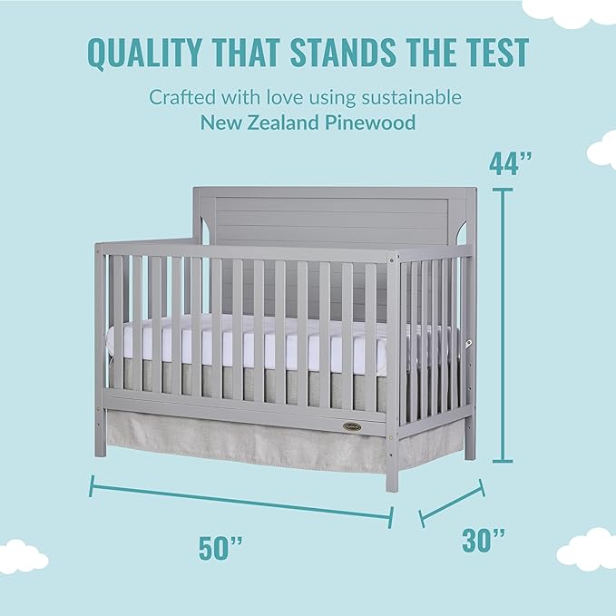 Cape Cod 5-In-1 Convertible Crib In Pebble Grey, Greenguard Gold And JPMA Certified, Built Of Sustainable New Zealand Pinewood, 3 Mattress Height Positions