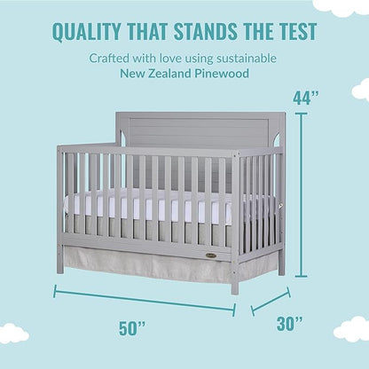 Cape Cod 5-In-1 Convertible Crib In Pebble Grey, Greenguard Gold And JPMA Certified, Built Of Sustainable New Zealand Pinewood, 3 Mattress Height Positions