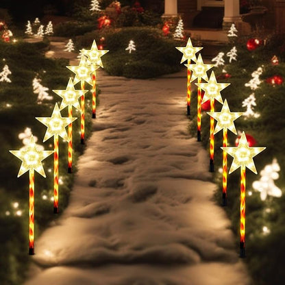 Solar Christmas Pathway Lights Outdoor Decorations, 8 Modes Star Candy Lights Waterproof Led Garden Stake Lights for Walkway Yard Lawn Porch Holiday Decor 5-Pack (Warm White Star Lights)