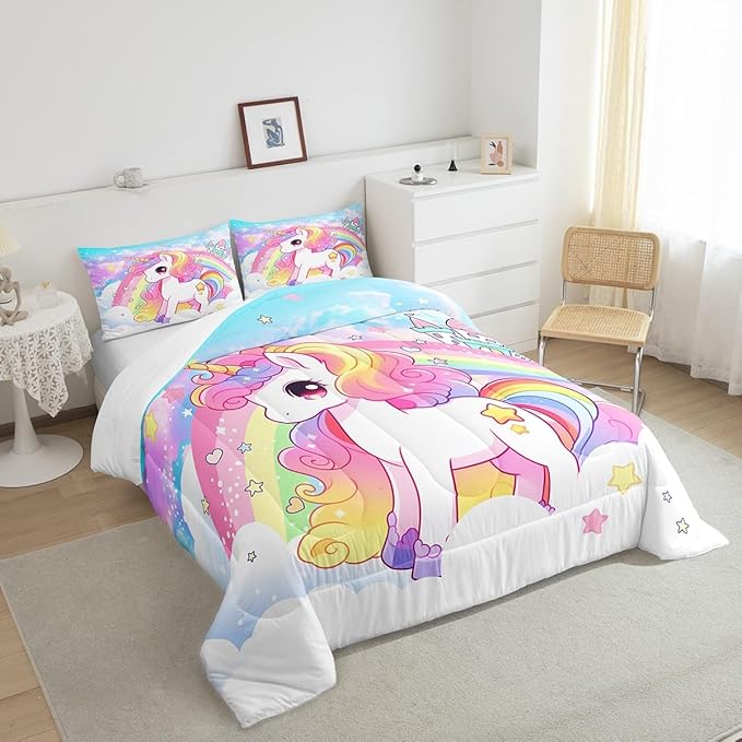 Manfei Cute Unicorn Kids Comforter Set Queen Size,Rainbow Stars Cloud Dreamy Bedding Set,Girls Women Room Decor,Cartoon Animals Castle Girly Down Comforter,Pink Blue Unique Duvet Insert,2 Pillowcases