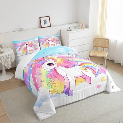 Manfei Cute Unicorn Kids Comforter Set King Size,Rainbow Stars Cloud Dreamy Bedding Set,Girls Women Room Decor,Cartoon Animals Castle Girly Down Comforter,Pink Blue Unique Duvet Insert,2 Pillowcases