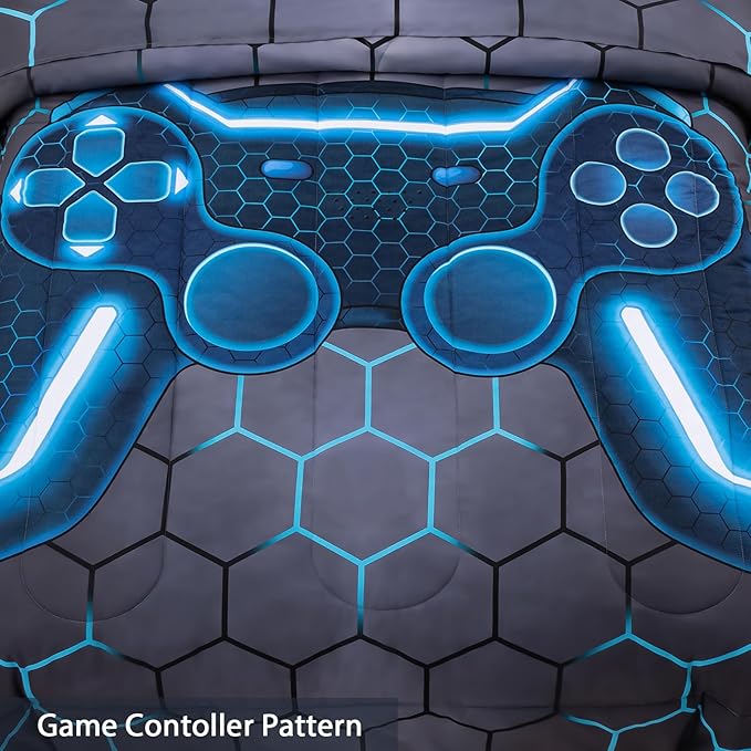 8Pcs Game Console Comforter Set with Sheets for Boys Girls Kids Teens, Geometric Gaming Themed Bed in A Bag Twin Size, Blue 3D Video Gamer Controller Bedroom Decor Bedding Set-Blue