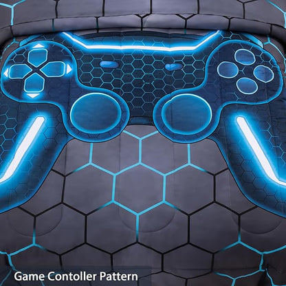 8Pcs Game Console Comforter Set with Sheets for Boys Girls Kids Teens, Geometric Gaming Themed Bed in A Bag Twin Size, Blue 3D Video Gamer Controller Bedroom Decor Bedding Set-Blue