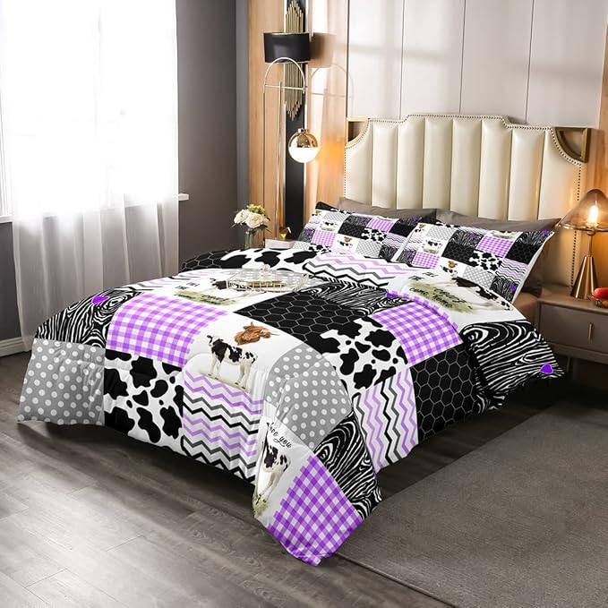 Erosebridal Cute Cow Print Comforter Set Queen Size Kawaii Highland Cow Bedding Set Bedroom Decor Honeycomb Plaid Pattern Geometric Stripes Down Comforter Farm Animals Duvet Set, Purple Black Grey