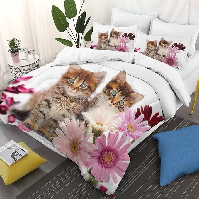 Cat Comforter Set Queen Size for Kids Pink Flowers Cats 3Pcs Bedding Set for boys and Girls (1Summer Comforter+ 2 Pillowcases) Lovely Animal Pets Duvet Set