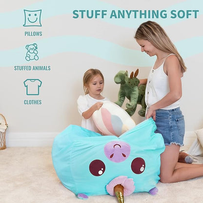 Aubliss Unicorn Stuffed Animal Storage Bean Bag Chair for Kids, Velvet Extra Soft Beanbag Chairs Cover, X-Large Stuffable Zipper Bean Bag for Organizing Plush Toys Girls Bedroom Decor, Cyan