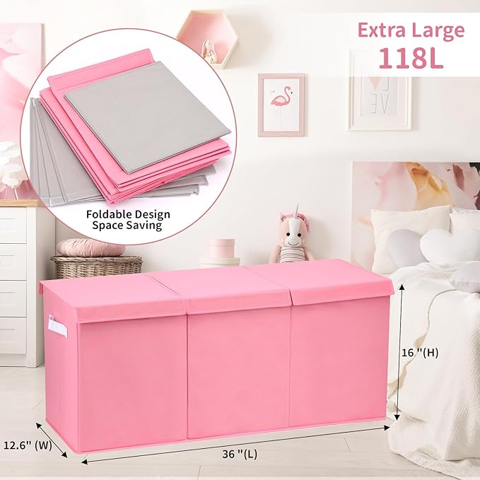 Fixwal Toy Storage Organizer for Girls - Extra Large Toddler Toy Box Kids Toy Chest, Collapsible Removable Divider for Nursery Playroom Bedroom Closet, 36"x12.6"x16" (Pink)