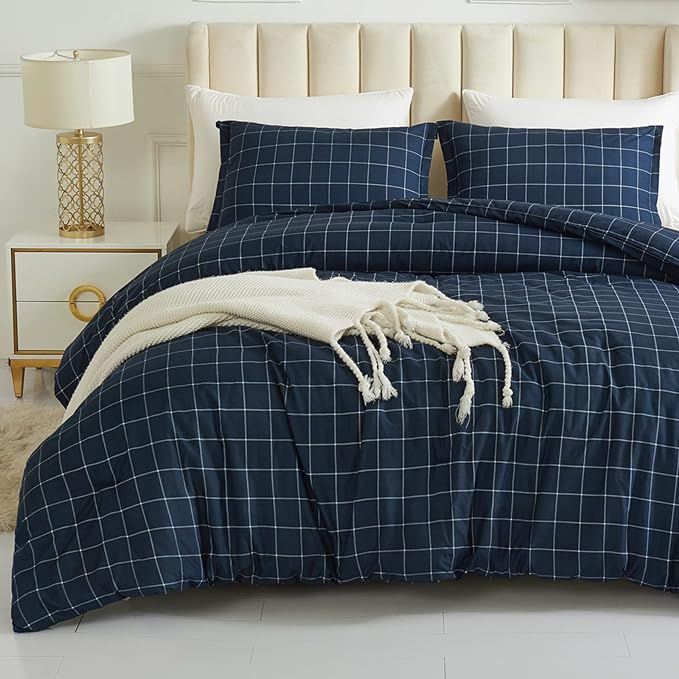 Andency Navy Grid Comforter Set King Size (104x90 Inch), 3 Pieces(1 Grid Comforter and 2 Pillowcases), Summer Lightweight Microfiber Down Alternative Navy Comforter with White Lines