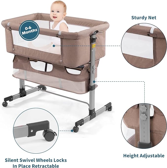 3in1 Bedside Crib for Girl or Boy, Bedside Sleeper for Baby Portable and Adjustable Crib with Mosquito net for Newborn Baby,Deep Khaki