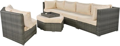 6 Piece Outdoor Patio Furniture Set Conversation Sofa, All Weather Wicker L shaped Sectional Couch with Ottoman, Small Trays and Removable Cushions, for Garden Backyard, Beige