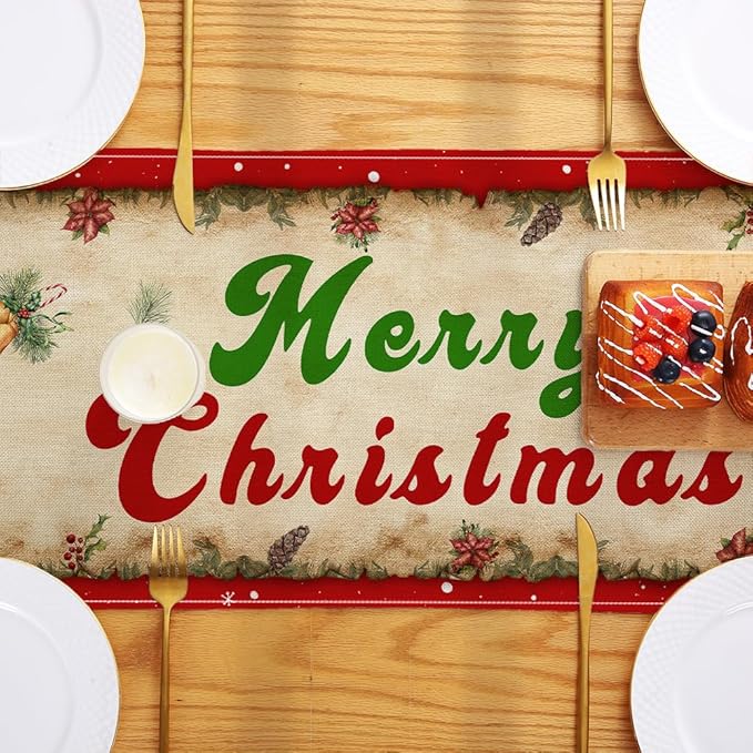 Vintage Christmas Table Runner Christmas Decorations - Red Vintage Style Santa Claus Girls Merry Christmas Winter Xmas Home Kitchen Dining Table Decor, Christmas Party Decorations 13 x 72 Inch