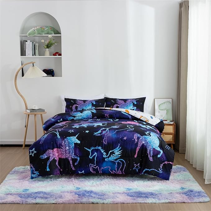 Meeting Story Dinosaur Comforter Set, Fluorescence Gradation Unicorn Twin Comforter Set, 3 PCS 1 Comforter and 2 Pillowcases in One Bag, All Season Bedspread for Kids Teens Adults（Twin）