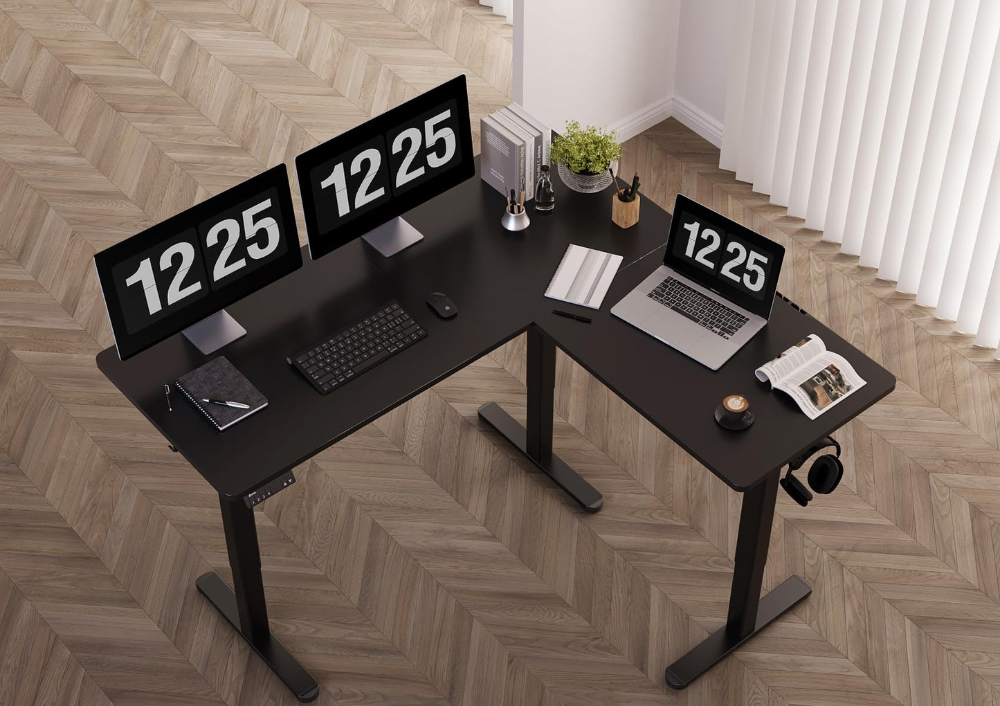 Claiks L Shaped Standing Desk Adjustable Height, Dual Motor Electric Corner Standing Desk, 63x55 inch Sit Stand up Desk with Splice Board, White