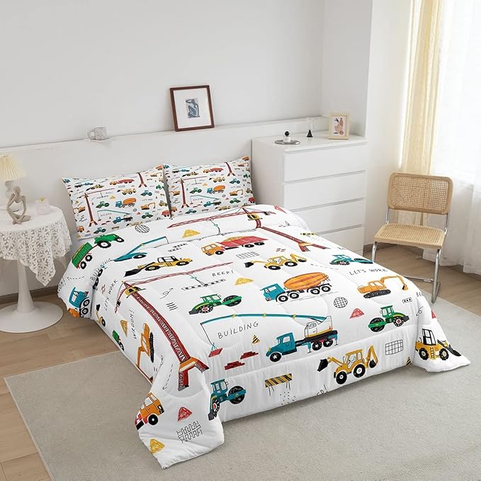 Heavy Machinery Truck Bedding Set Tractor Crane Comforter Set for Kids Boys Girls Youth Construction Site Comforter Nursery Decor Quilt Set Room 3Pcs Full Size
