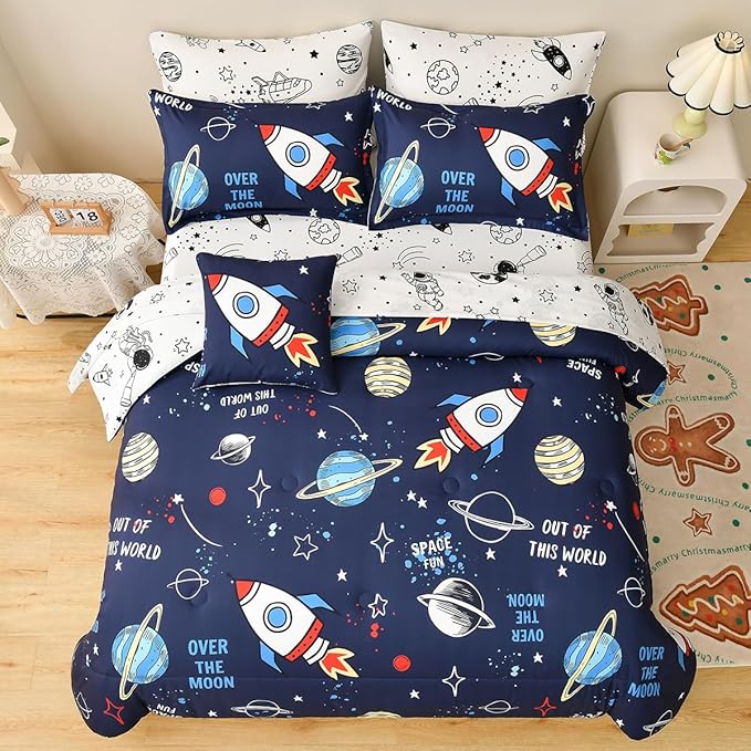 8 Piece Kid Comforter Set Twin Size Bed in a Bag, Space Rocket Bedding Set for Teen Boys Girls