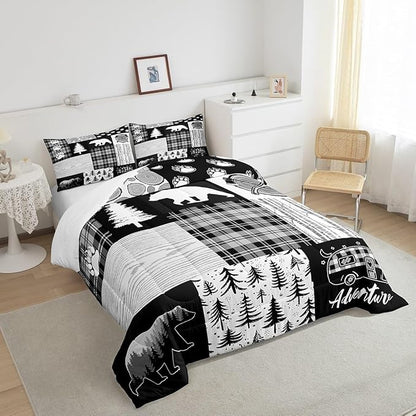 Manfei Bear Plaids Comforter Set Twin Size,Pine Trees Animals Hunting Bedding Set for Kids Boys Girls Adults Room Decor,Adventure Rustic Farmhouse Down Comforter,Black Retro Duvet Insert,1 Pillowcase